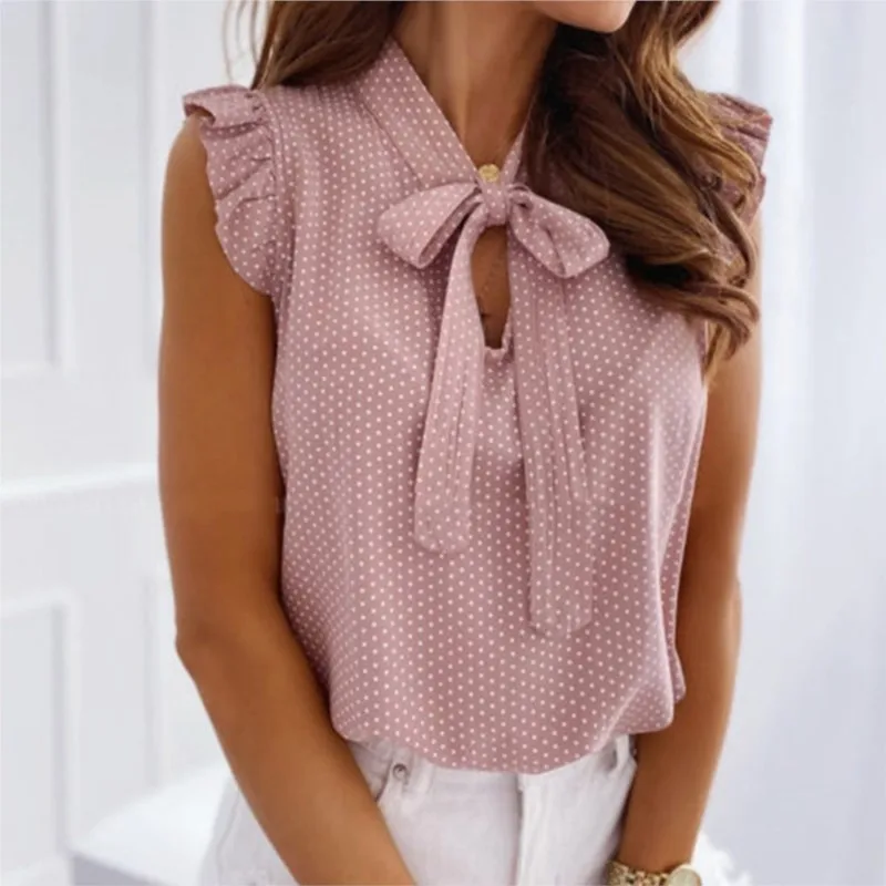 

2025 New Polka Dot Bow Neck Sleeveless Shirt Top Women's Shirt Bow Short Sleeve Shirt Summer Bow