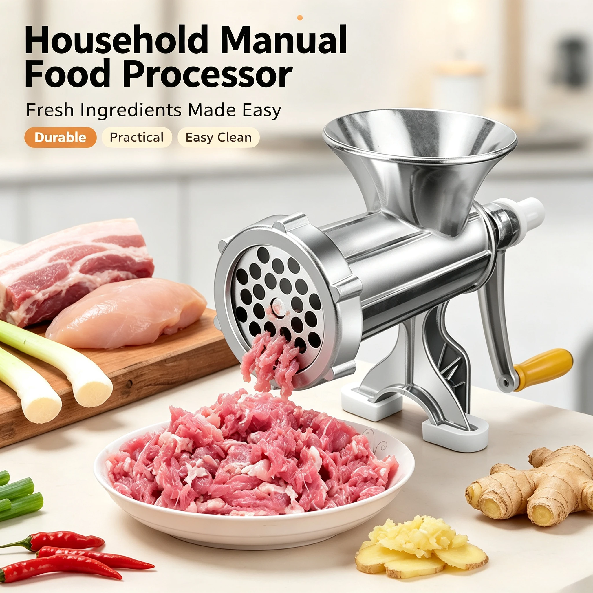 Hand Crank Stainless Steel Meat Mincer, Manual Food Grinder with Table Clamps, Multipurpose Kitchen Tool for Meat Veggie