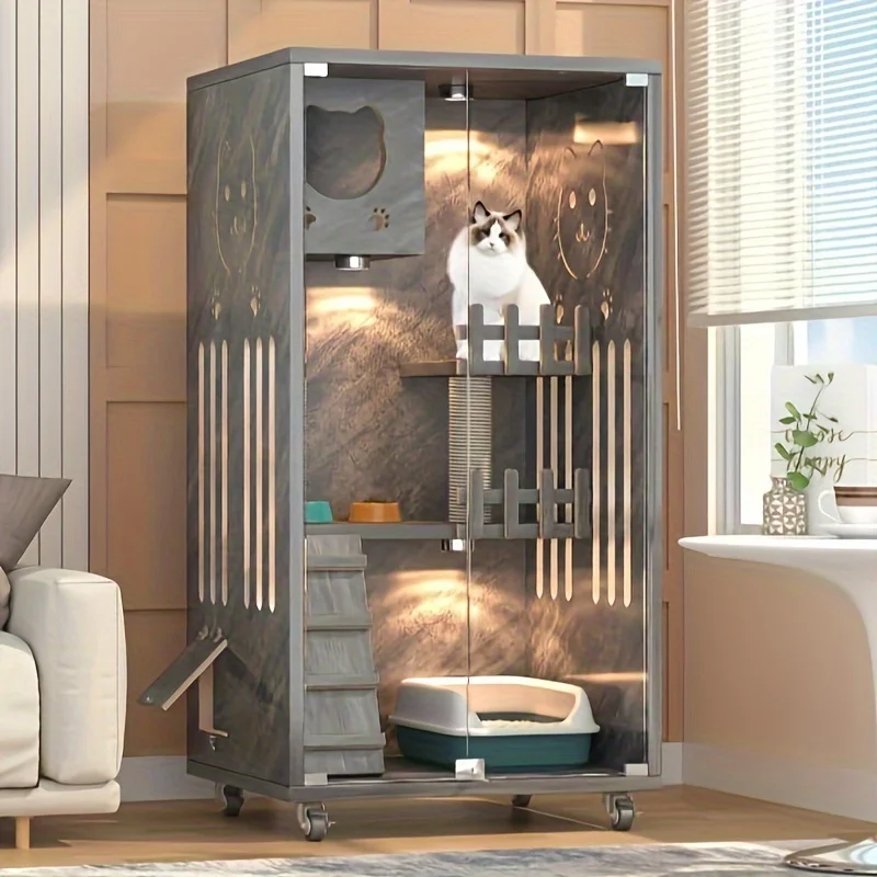 

Wooden Cat House, Wooden Indoor Cat Enclosure with Wheels, Multi-Feature Luxury Cat Villa for Indoor Cats Ventilation Glass Door