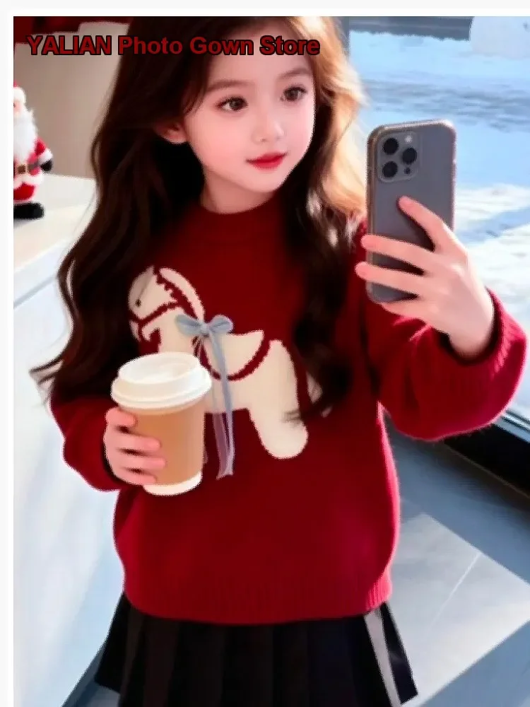 Girls Pullover Sweater Kids Winter Round Neck Knit Top Solid Color Thickened Warm Soft Older Kids