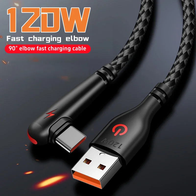 120W USB To Type-C Cable 90 Degree Elbow Mobile Phone Fast Charging For Huawei Mate 40 30 Xiaomi Samsung Phone Charging Cord