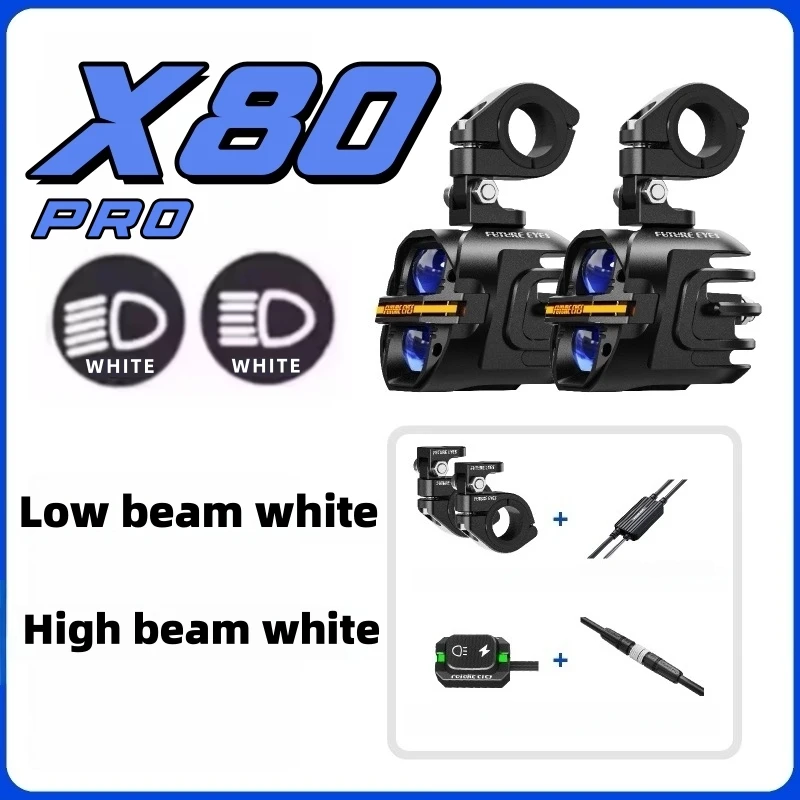 FUTURE EYES X80pro LED-spotlights voor motorfietsen en elektrische voertuigen, met geïntegreerde grootlicht- en dimlichtfunctie met knipperlicht.