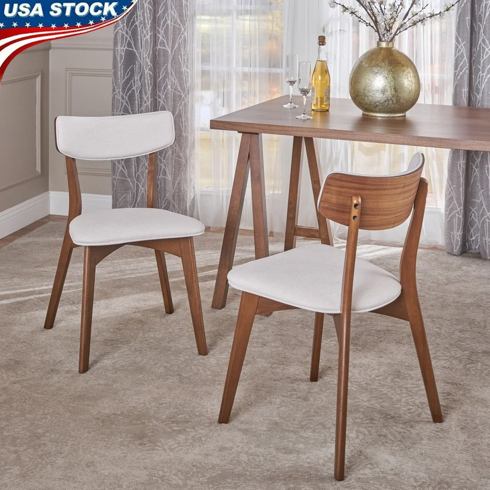 

Mid Century Modern Upholstered Dining Chairs Set of 2 Indoor Fabric Chairs Rubberwood Frame Comfortable Side Chairs