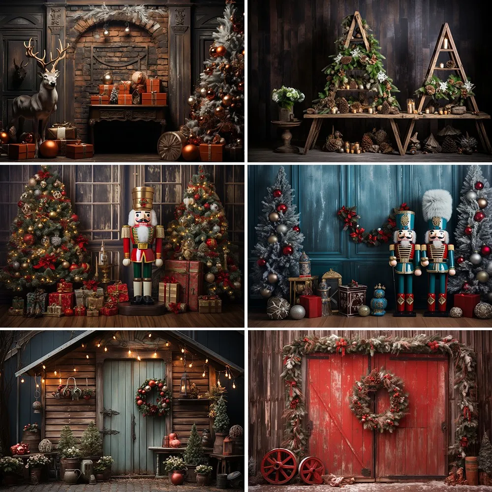 Beenle Christmas Photography Background Red Door Xmas Trees Family Party Decoration Kids Baby Portrait Backdrop for Photo Studio