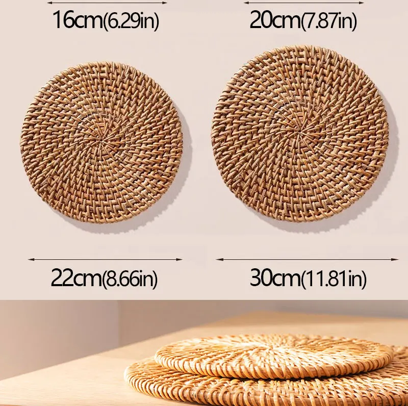 Herbstliches handgewebtes Rattan-Untersetzer-Set: Kreative runde Tassen- und Schalenunterlagen für Esszimmer und Tee – Isoliermatten aus Rattan – Detail 7