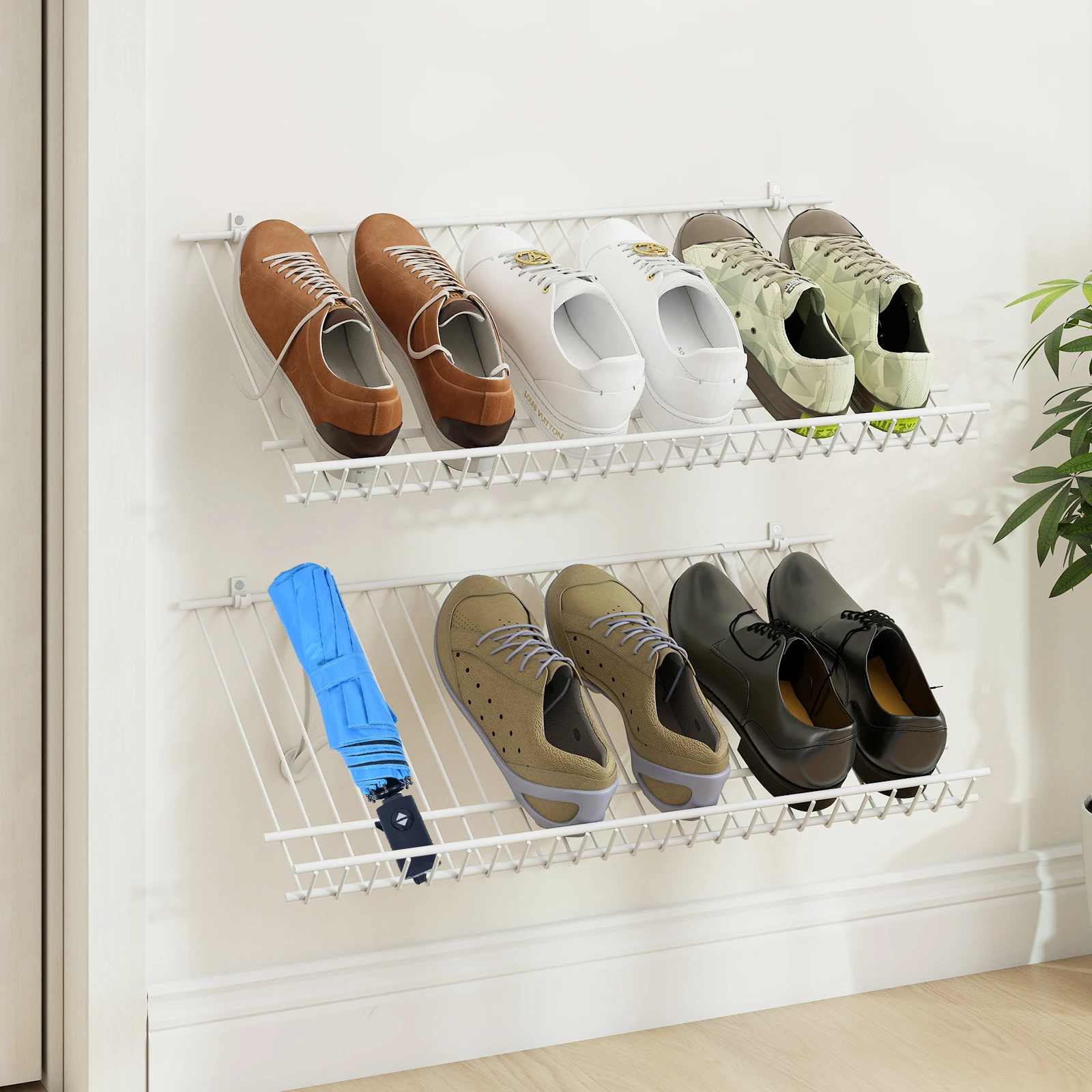 Portascarpe in metallo da parete, regolabile in altezza, con struttura robusta, accessori completi e facile da installare.