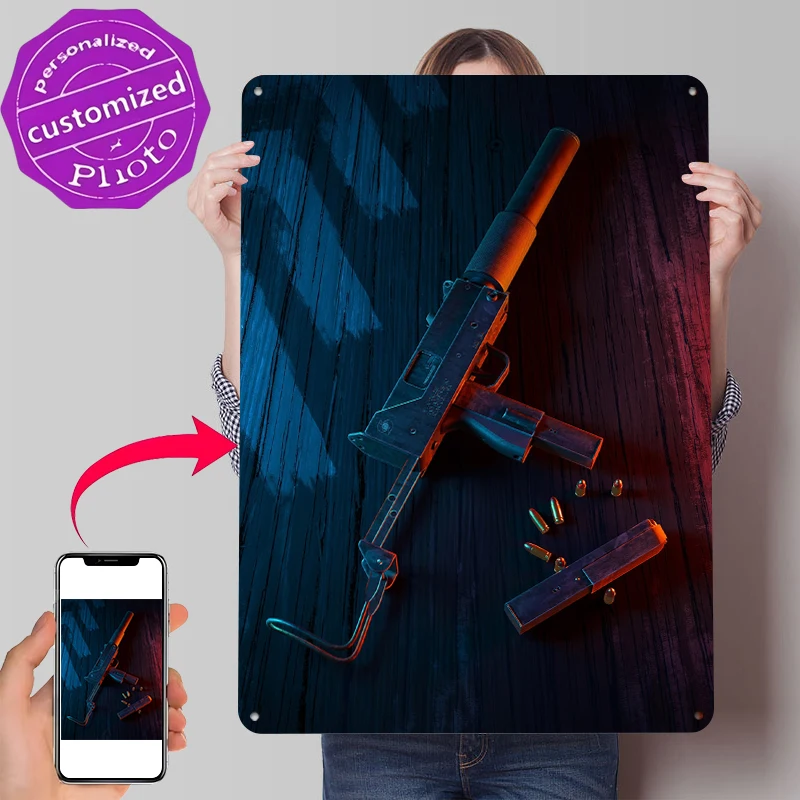 Submachine Gun With Ammunition Poster Customized Vintage Metal Signs Wall Art Retro Tin Plaque for Home Decor Living Room Items