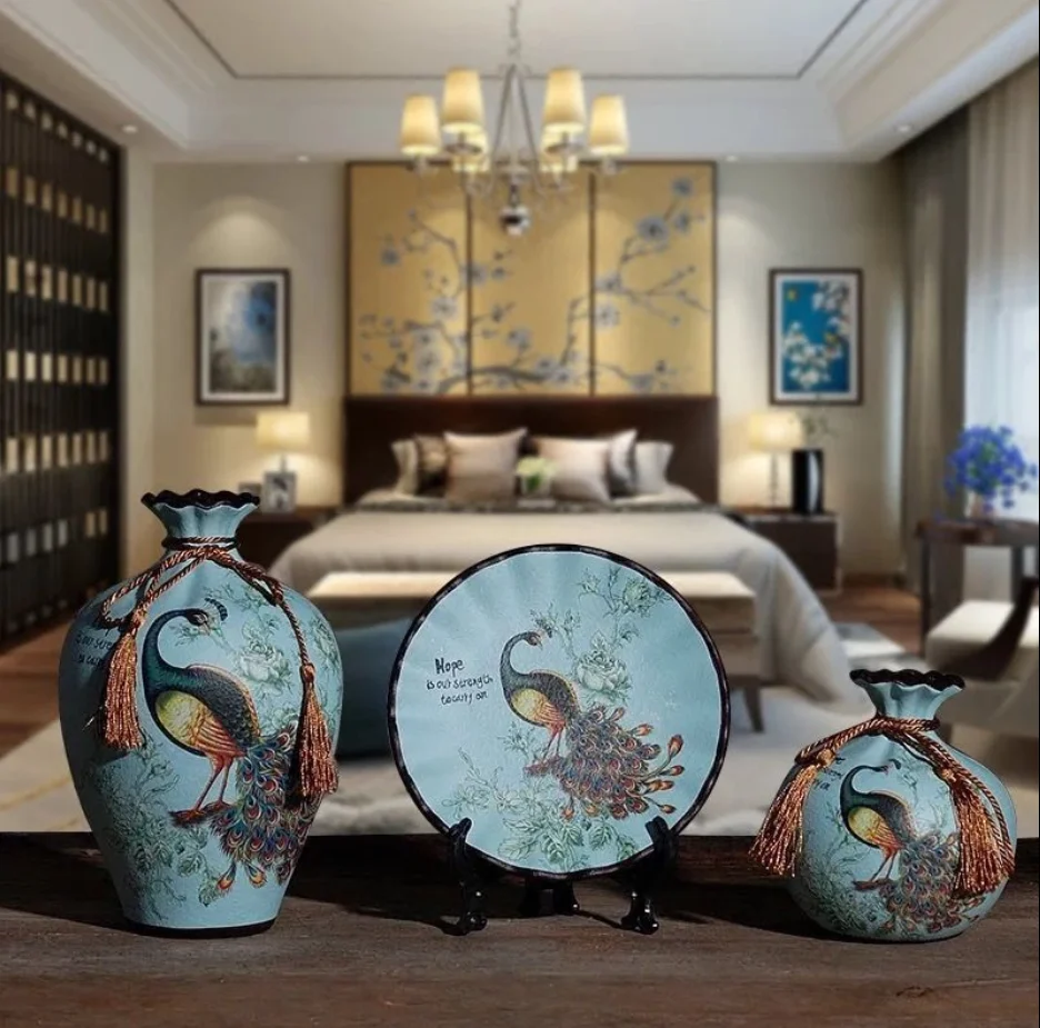 3Pcs/Set Ceramic Vase Stereoscopic dried flowers arrangement wobble plate room entrance ornaments wedding decorations