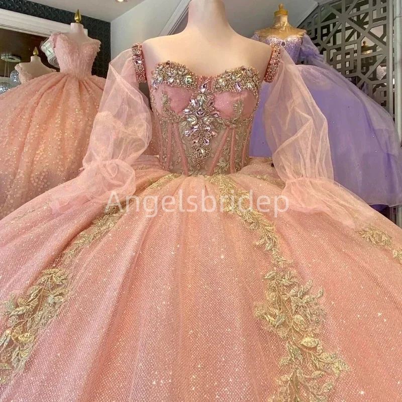 Angelsbride Long Sleeves Pink Princess Ball Gown Quinceanera Dresses With Bow Gold Appliques Brithday Party  Vestidos De 15 Años