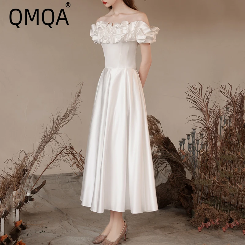 

QMQA Fashion Women's One Shoulder Dress Wedding Elegant White Satin Slimming Solid High Waist Dresses 2025 Female Clothing QM76