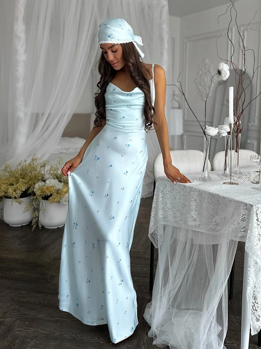 

Marthaqiqi Casual Ladies Pajama Backless Sleepwear Spaghetti Strap Nightgown Lace Up Nightie Ankle-Length Dress Female Nightwear