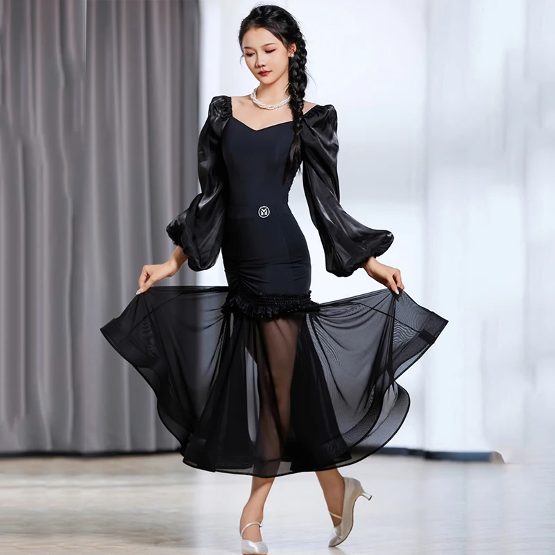 2024 Ballroom Dance Competition Clothing For Women Long Sleeved Mesh Big Swing Skirts Outfits National Standard Dance Dress