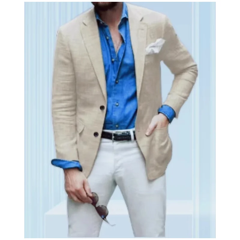 

Men's Beige/Blue Linen Suit - Slim Fit Casual Blazer & Pants Set for Business, Wedding, Party | Breathable Lightweight