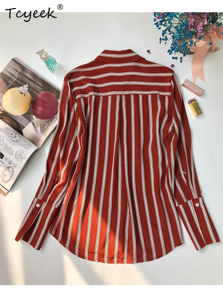 

Tcyeek 18MM Sandwashed Crepe De Chine 100%Silk Shirt Red And White Stripes French Vintage Square Neck Commuter Top T38070QD