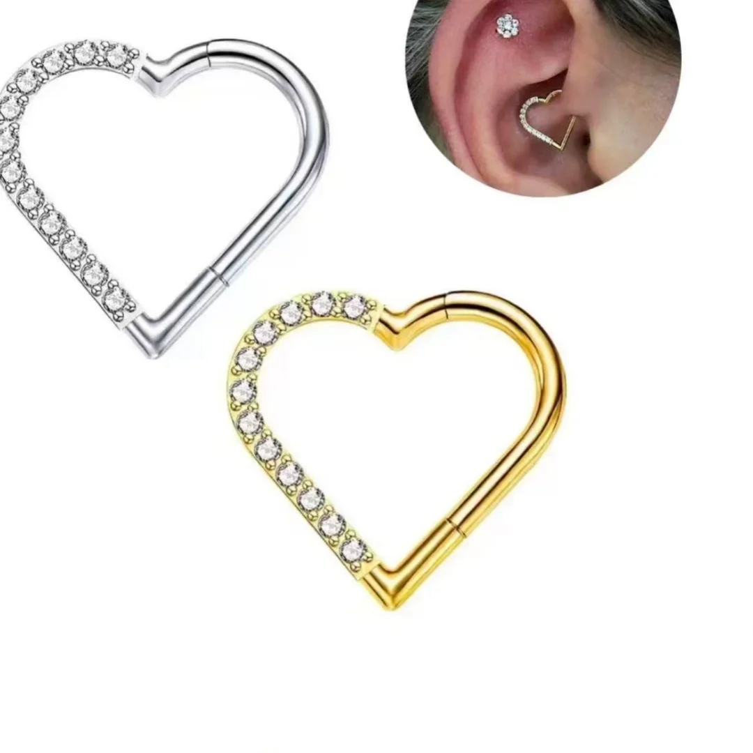 Lot10pcs G23 Titanium Astm F136 Heart Clear Zircon Ear Helix Conch Tragus Cartilage Ring Nose Ring Body Piercing Jewelry 16G