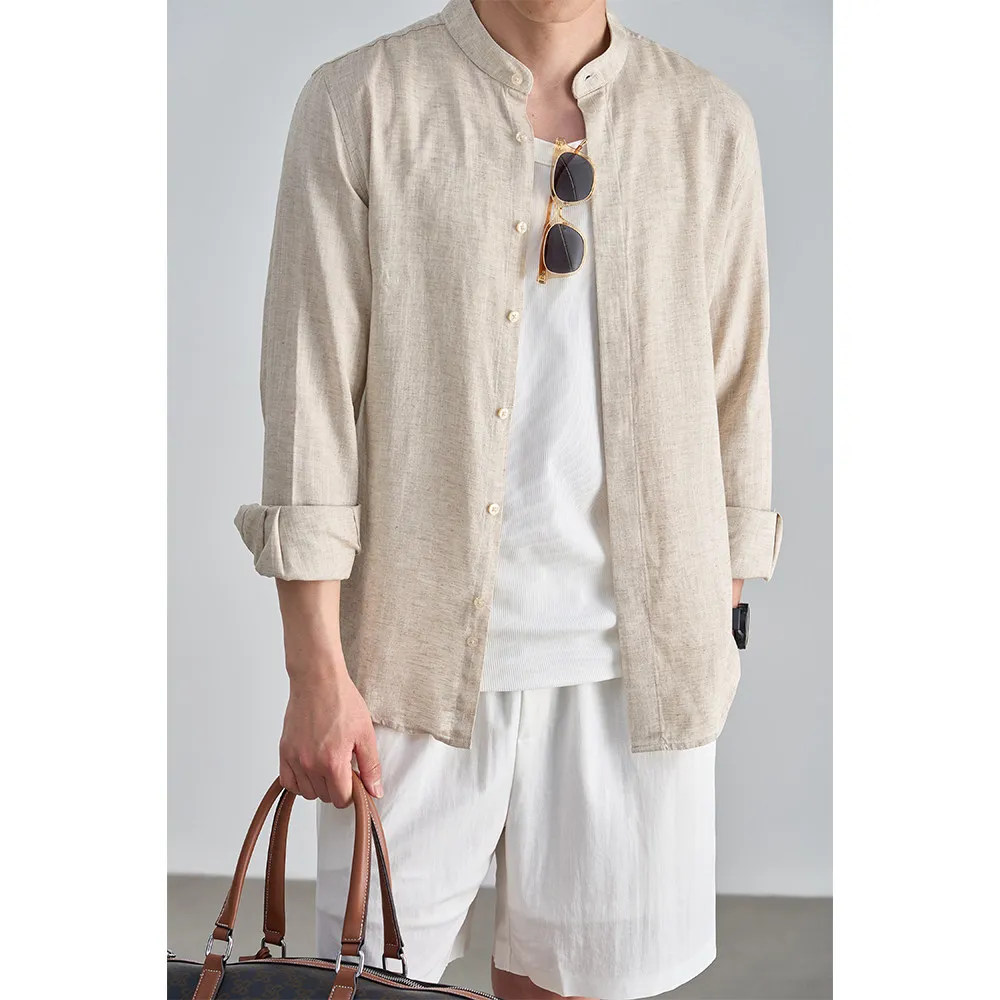 Relaxed Fit Tencel Linen Band Collar Shirt – Breathable, Lightweight, Summer Essential for Men