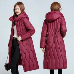 Parka de algodão acolchoado para baixo longo acima do joelho feminino, sobretudo de inverno, jaqueta plus size, 100 kg, 2023