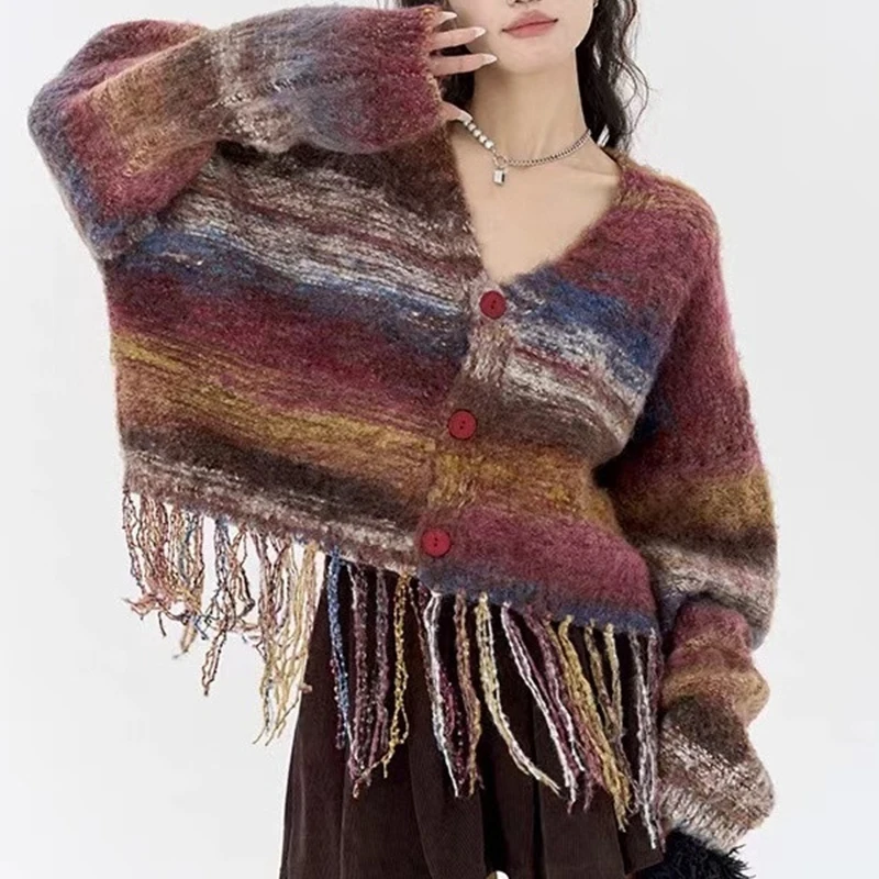Multicolor V Neck Knitted Cardigan Women Early Autumn Striped Loose Tassel Hem Sweater Vintage Lazy Wind Long Sleeve Outwear