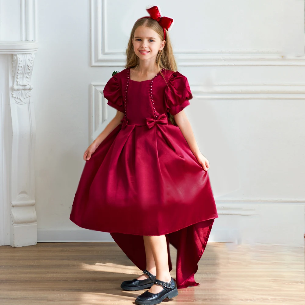 

Элегантные вечерние платья для девочек, летнее платье со шлейфом и бантом на свадьбу, день рождения, принцессы для выпускного вечера, детское платье для девочек, рождественский костюм с пышными рукавами