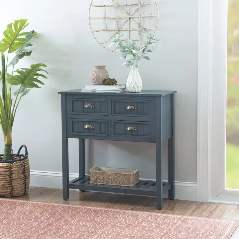 

Factory custom retro engraving design Navy blue pastoral 4 drawers porch table with open shelf
