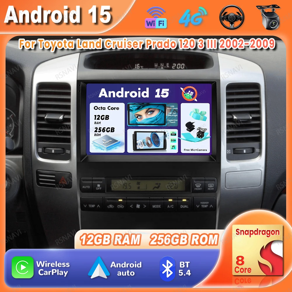 

Автомобильный радиоприемник Android 15 для Toyota Land Cruiser Prado 120 3 III 2002-2009, DVD-мультимедиа, беспроводной Carplay, автонавигация, BT, стерео