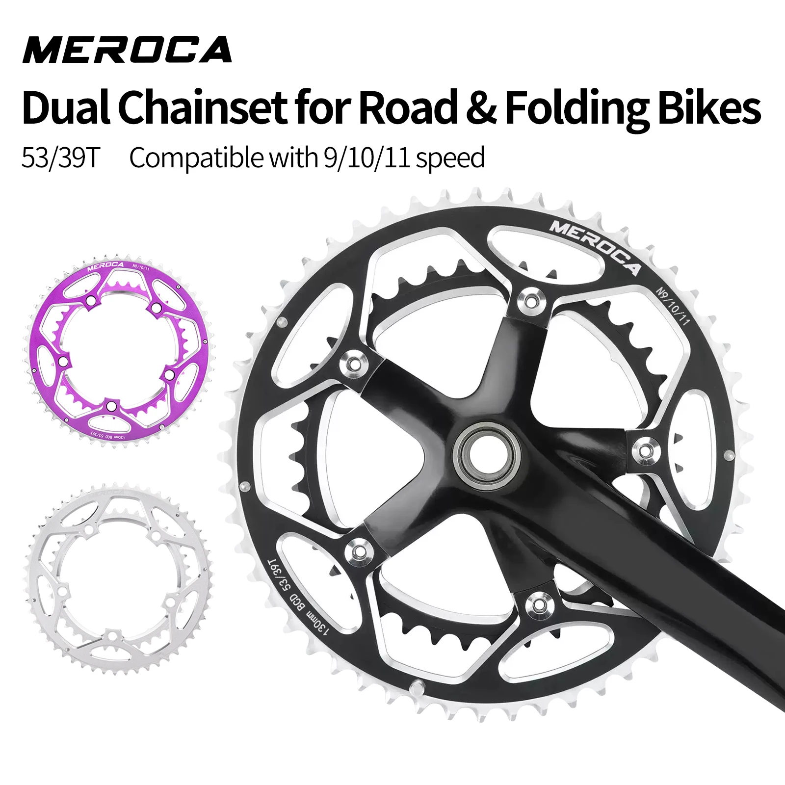 MEROCA 53-39T Double Chainring 130 BCD Aluminum Dual Chainring For 9/10/11 Speed Road Bike Folding Bicycle Chain Ring
