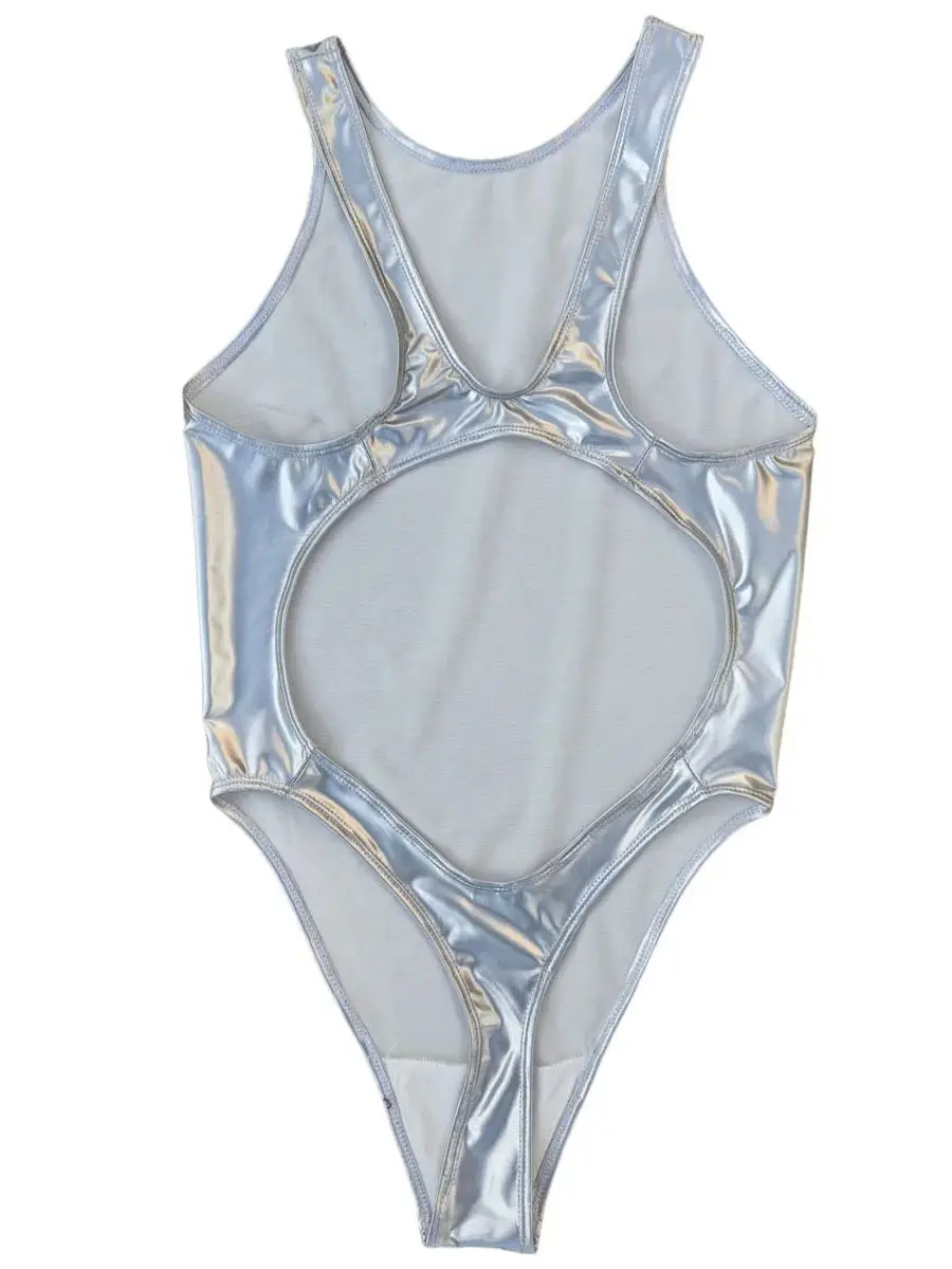 S-3XL Wet Look PVC Catsuit Swimsuit Shiny PU Leather Bodysuit Hollow Out Backless High Cut Sukumizu Tights Hot Sexy Body Teddies