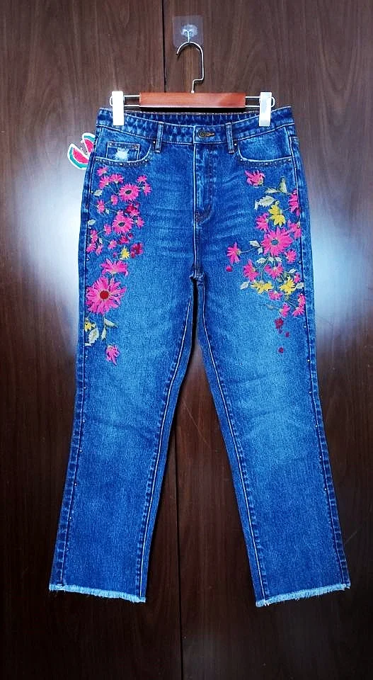 Spanish foreign trade new flower embroidery design fashion slim print jeans for women pants