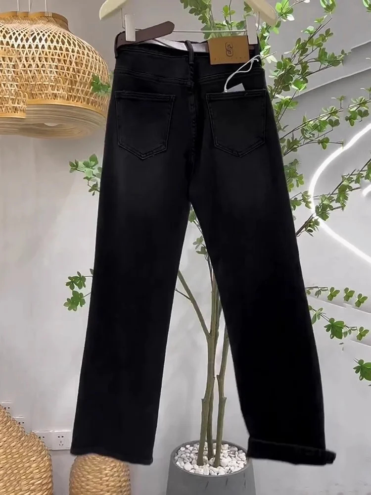 Bla Slim Straight Fce Gefütterte Denim-Jeans für Damen, Herbst und Winter, Thi-Hose mit weitem Bein, lässig, hohe Taille, Kettendetail