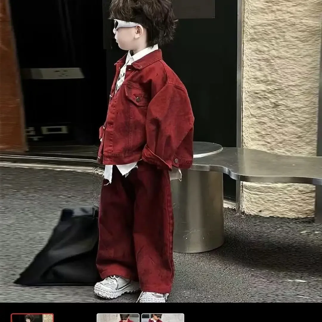 

Baby Boys Children Red Denim Coat Spring Autumn Kid Fashion casual Gentleman Jean Top+Pants 2Pcs Suits Set Streetwear Handsome