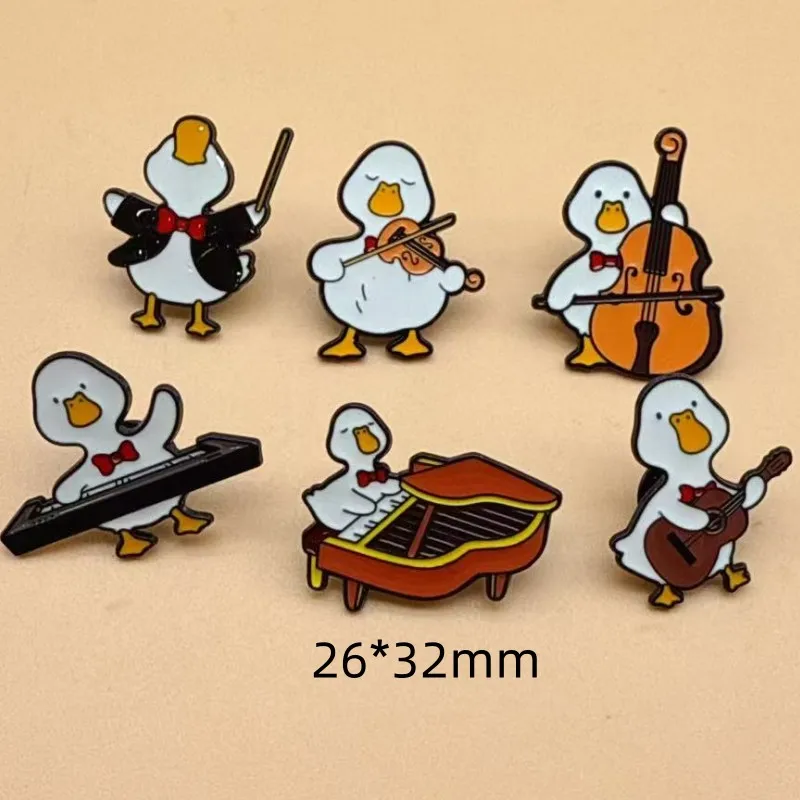 6pcs Cartoon Animals Musician Metal Badges Cute Duck Piano Violin Guitar Lapel Pins Children Backpack Jewelry Gifts