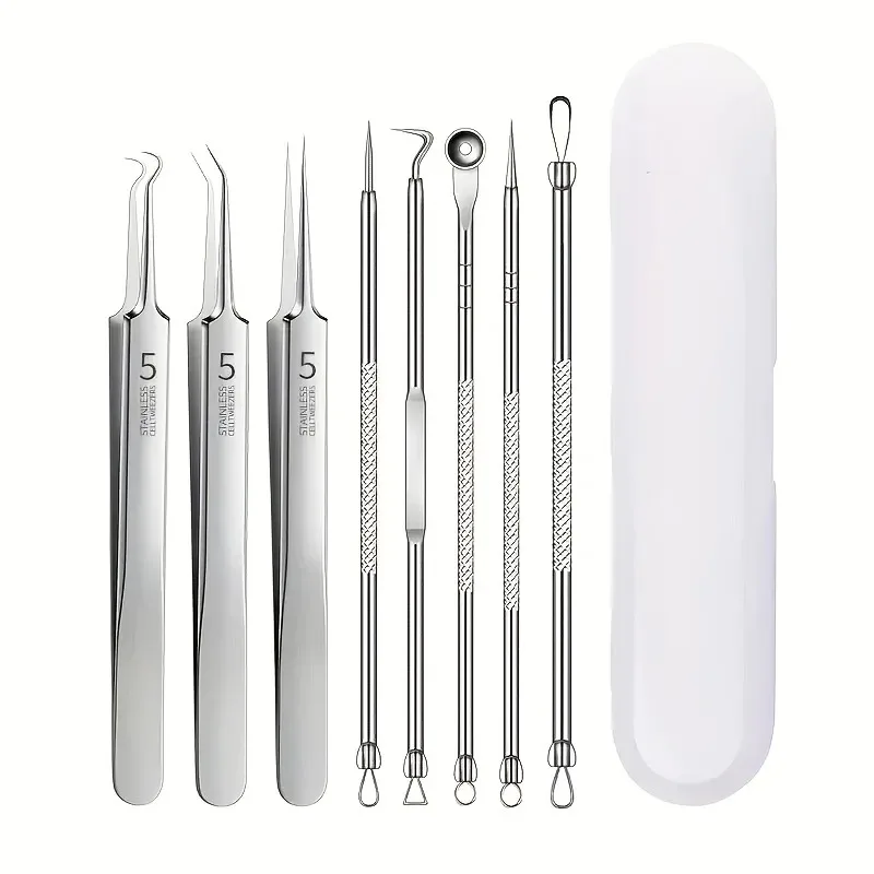 Kit dissolvant de points noirs 8 pièces – Outils d'extraction d'imperfections et d'acné en acier inoxydable – Ensemble professionnel de boutons popper pour toutes les peaux