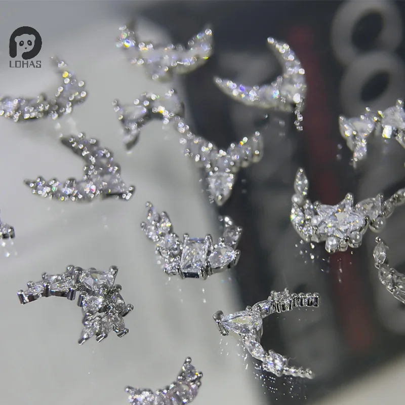 1PCS Sparkle Zircon Crescent Shape Pendant Silver Alloy Nail Art Rhinestones Jewel Decorations Manicure Ornaments