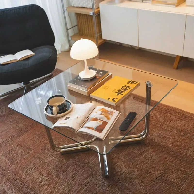 antique transparent low table high-end household utensils living room minimalist stainless steel square