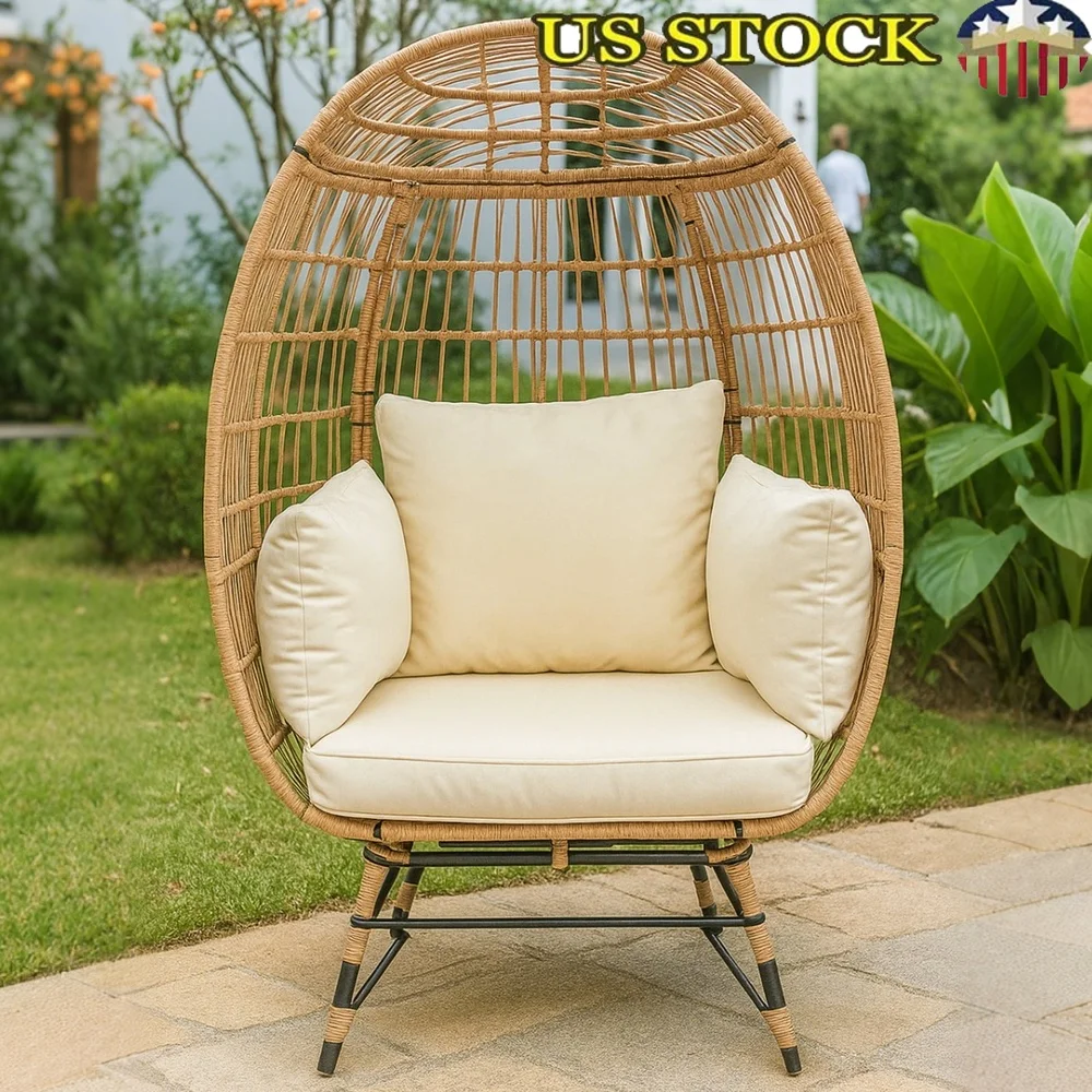 

Oversized Egg Chair Outdoor Indoor Wicker Lounger with Thick Cushions Bohemian Design PE Rattan Metal Frame 450lbs Capacity