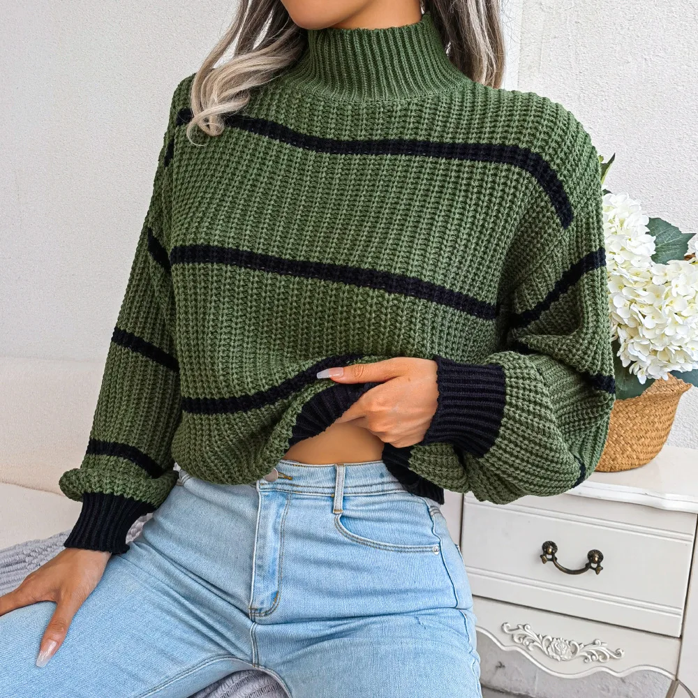 EVNISI Casual Women Mock Neck Sweater Lantern Sleeve Loose Solid Knit Pullover Autumn Winter Long Sleeve Office Women Jumpers