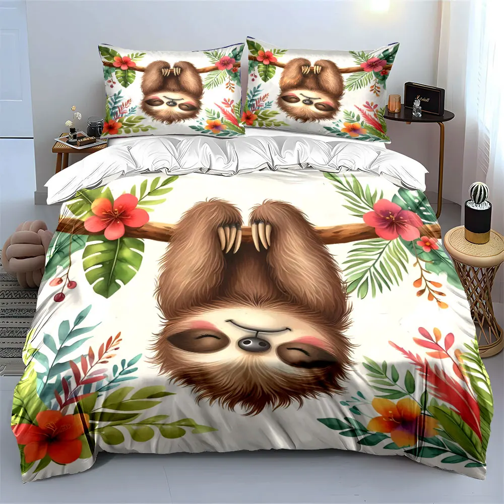 Relaxed sloth hanging on branch Print Bedding Set 1 Duvet Cover 2 Pillowcases for Adult and Children Luxury Gift Full Size