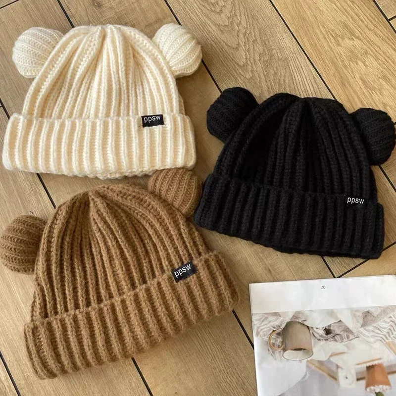 Y2K Bear Ears Thicken Hats Women Soft Harajuku Plush Ear Head Protection Cute Knitted Korean Wool Caps Cool Girl Handmade Beanie