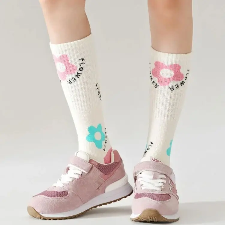Kids Cotton Socks 4 Pairs Children's Calf Socks Pink Series Athletic Long Socks Breathable