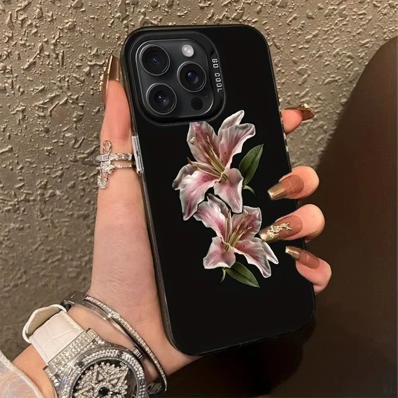 黒いユリの花のフロストケース Samsung Galaxy A36 A35 A34 A32 A30 A26 A25 A24 A23 A22 5G 4G A20 A16 A15 A14 アクリルカバー