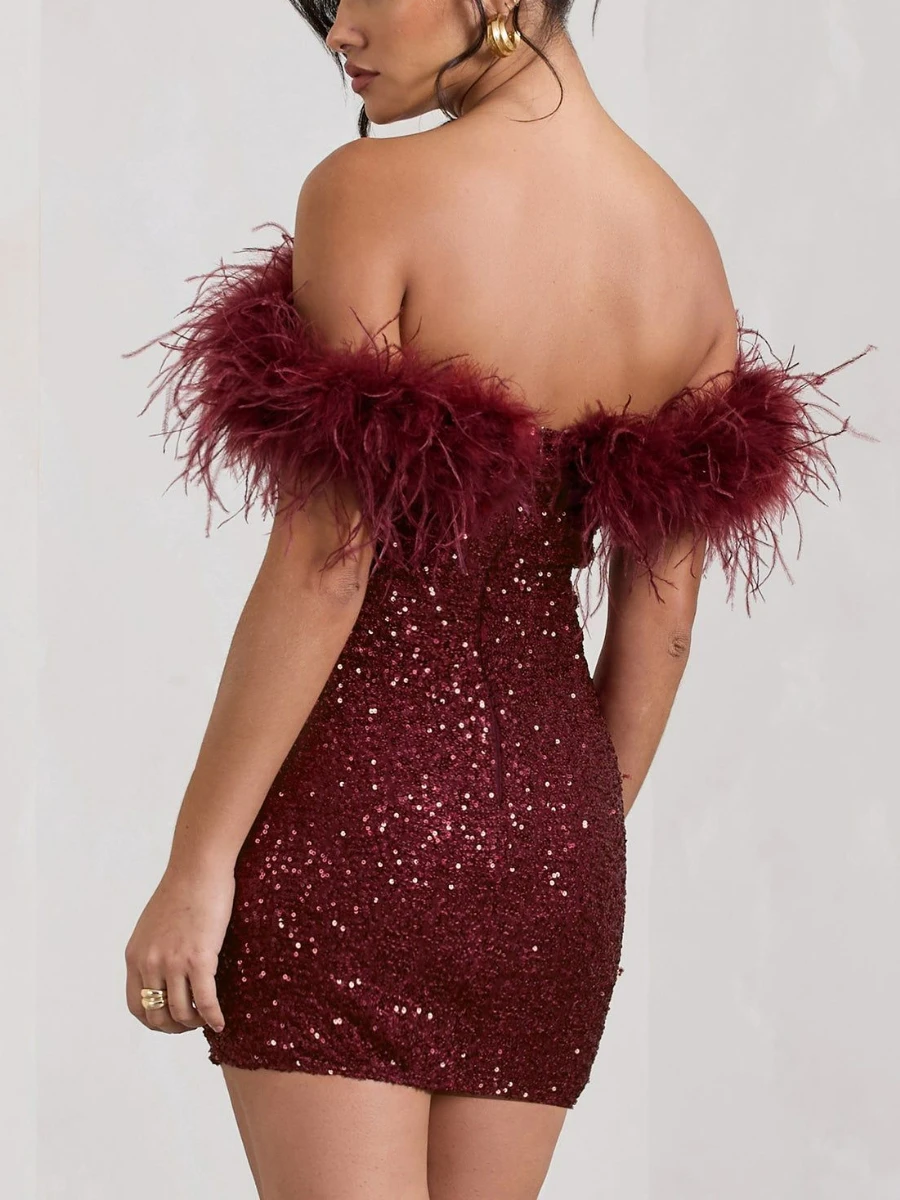 Mikydely Sexy Sequin Solid Color Party Dress Boob Top Wrap Hip Feather Short Skirt