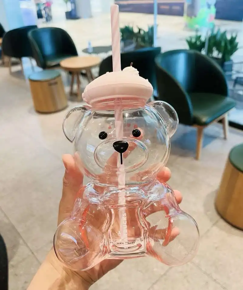 Cute Bear Shaped Glass Straw Cup Creative Transparent Water Bottle Portable Drinking Mug Gift For Adults - view 3