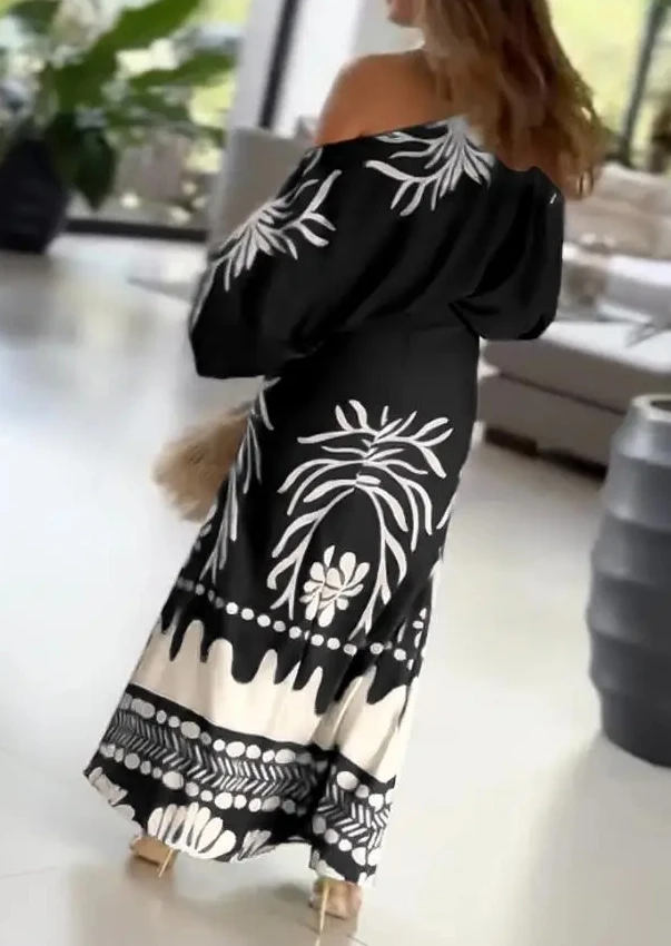 

Stylish Two - Piece Outfit: Tropical Print Lantern Sleeve Cold Shoulder Loose Top with Matching High Waist Fishtail Maxi Skirt