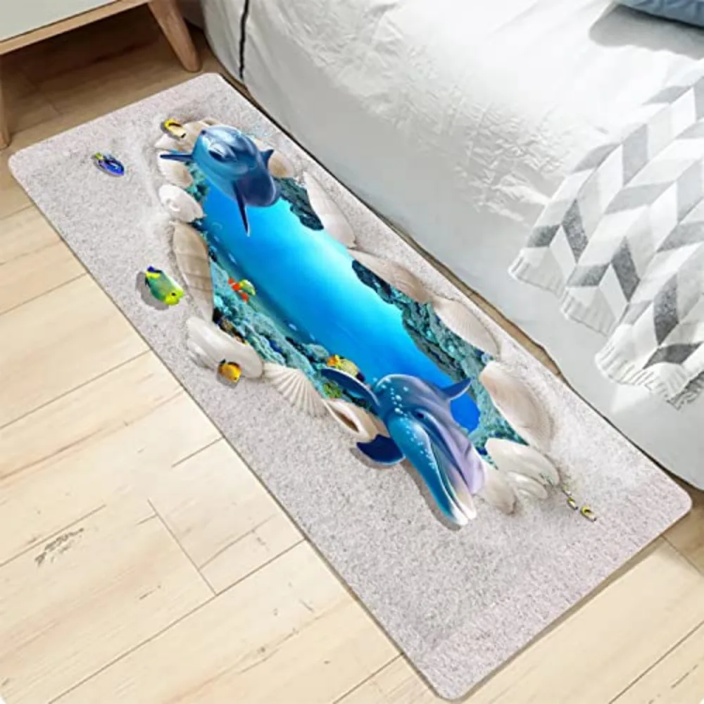 VIKAMA Non-slip Washable Bath Mat Soft 3D Dolphin Beach Print Rug for Kitchen Living Room