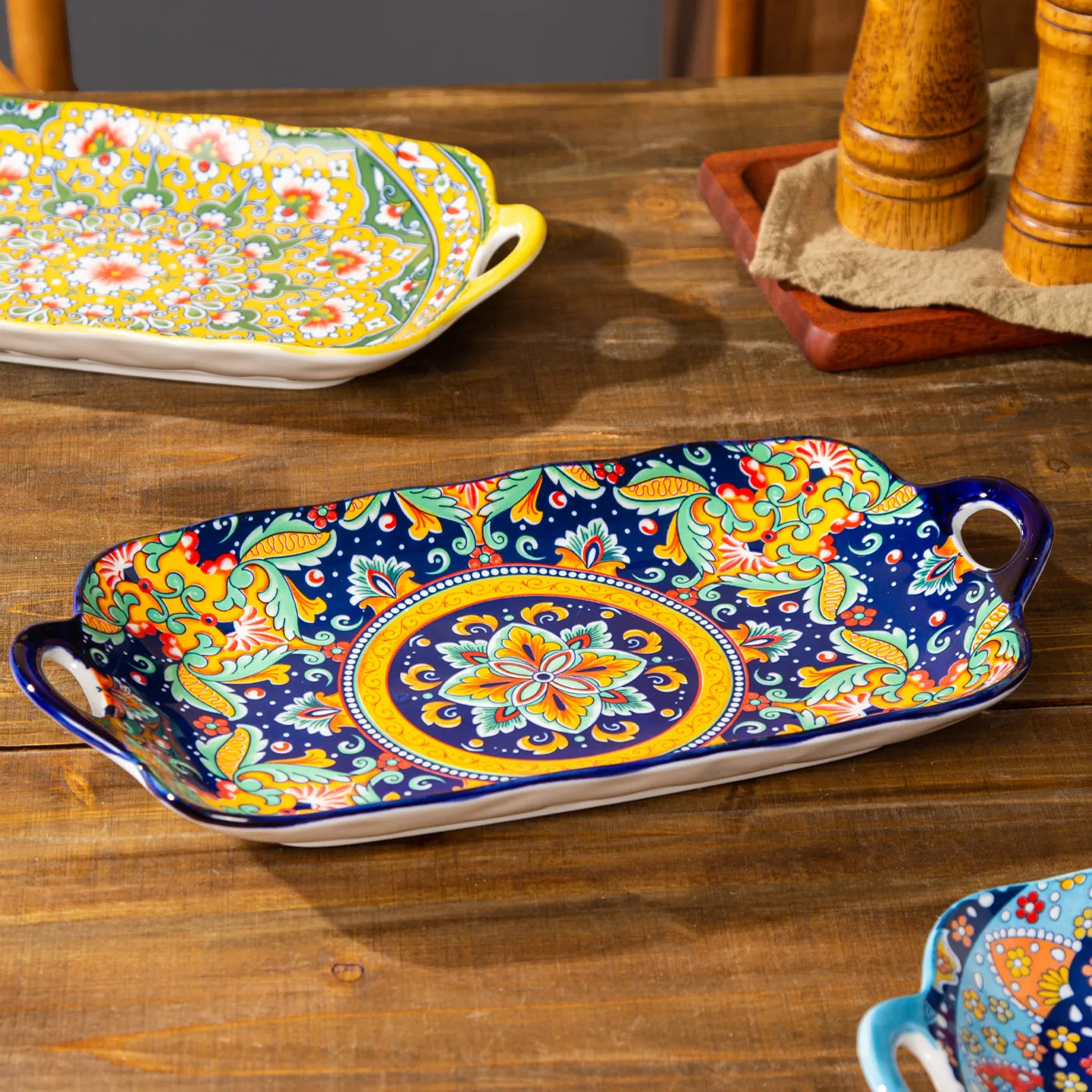 13in Bohemian double-eared fish plate household steamed fish plate large rectangular fish serving plate ceramic vegetable plate