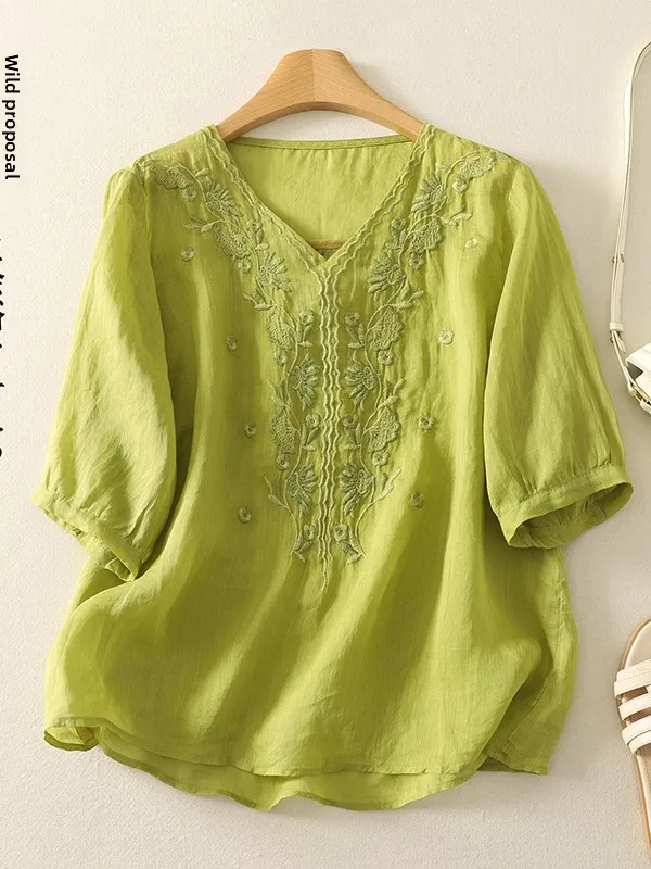 

Лето 2025 г., свободный крой из хлопка и льна с вышивкой V Ne irt, женский тонкий универсальный топ ort Sve в стиле ретро, для поездок на работу, Faion