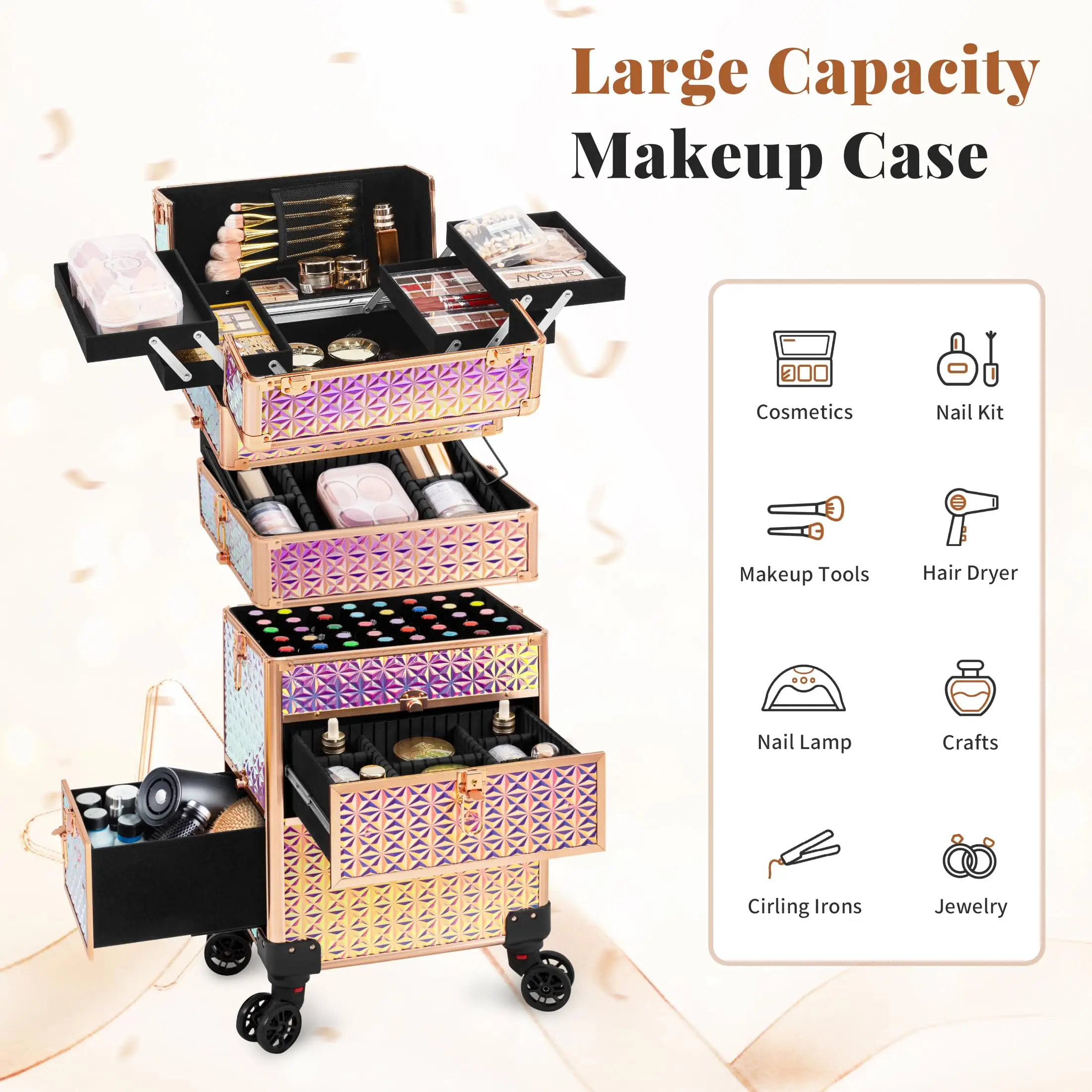 กระเป๋าเครื่องสำอางแบบมีล้อพร้อมลิ้นชัก 3 ชั้น สำหรับช่างแต่งหน้าและช่างทำเล็บ