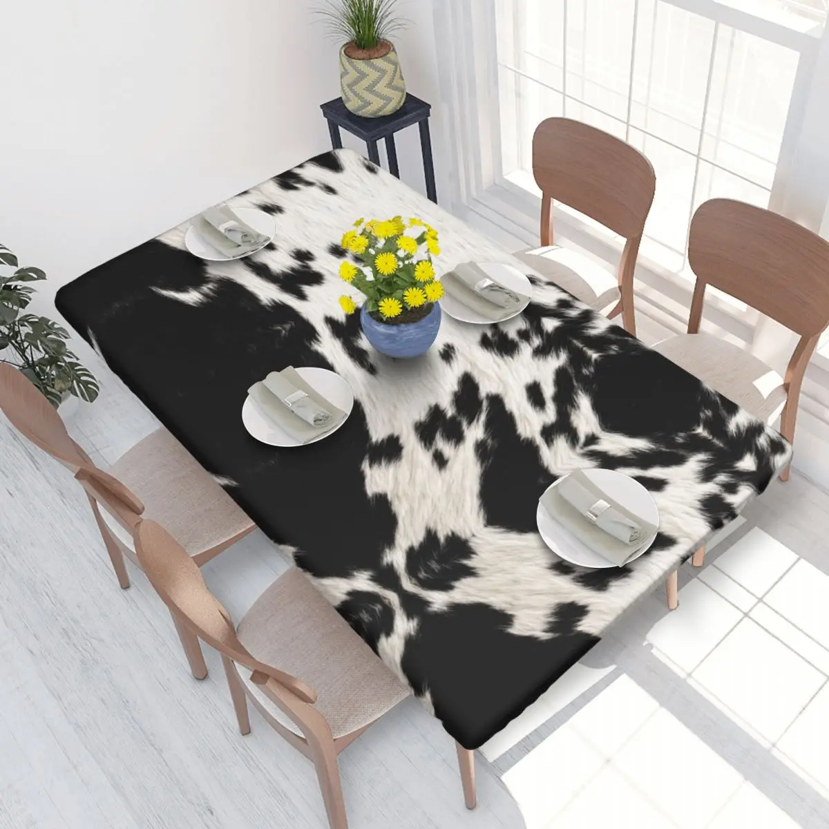 Rectangular Fitted Cowhide Black Spotted Texture Table Cloth Waterproof Tablecloth Outdoor 4FT Table Cover