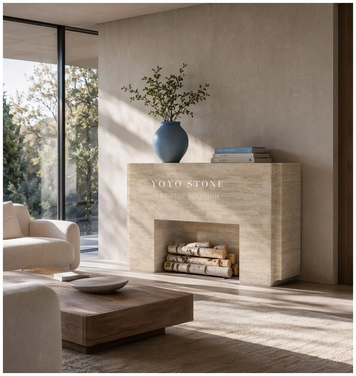 YOYO STONE Premium Wabi Sabi Style Beige Travertine Modern Electric Fireplace Mantle Exquisite Home Decor For Living Room