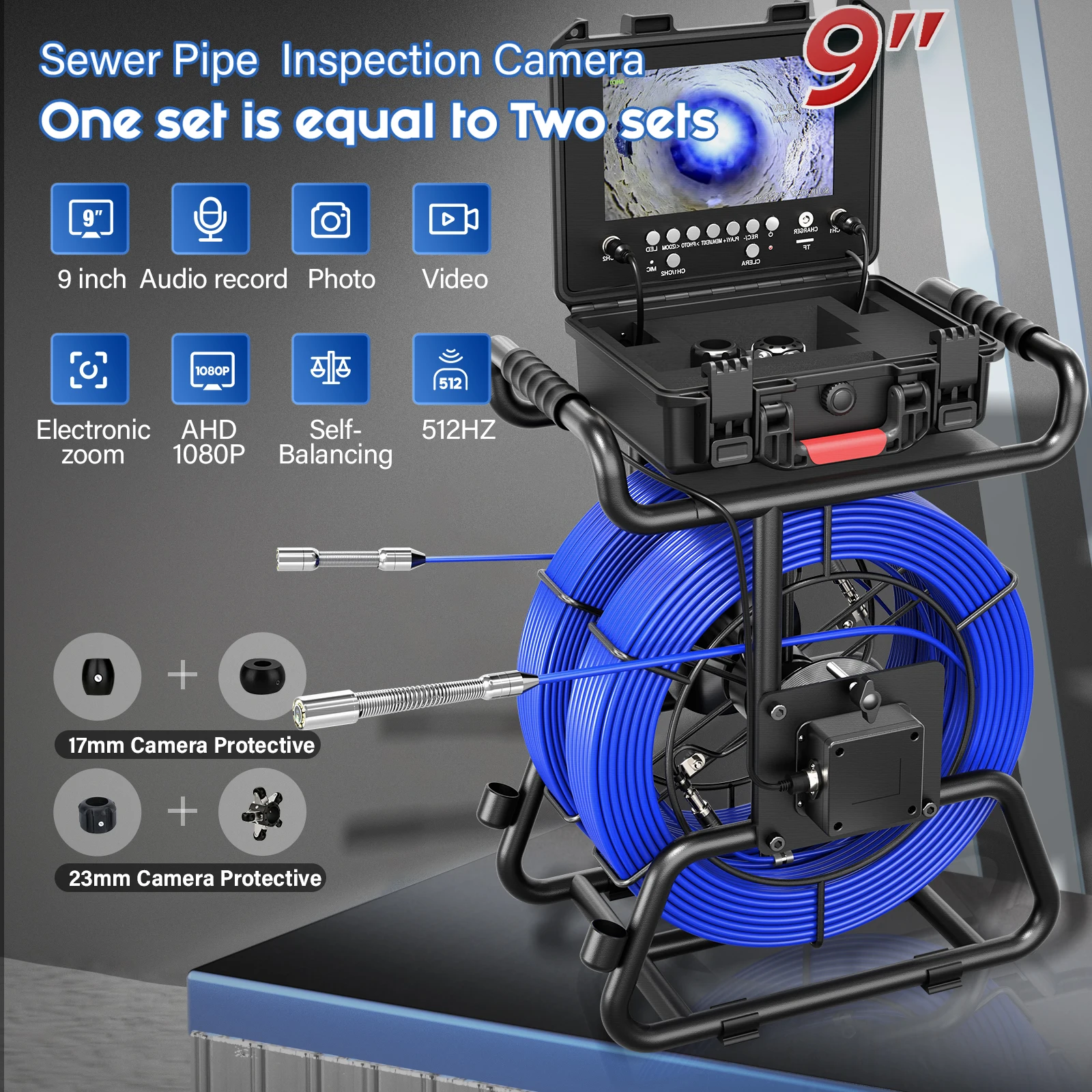 MSSewer Pipe Inspection Camera 9inch IPS +Dual-Lens Borescope 1080P Sewer Camera +Meter Counter+5/7MM Fiberglass Cable